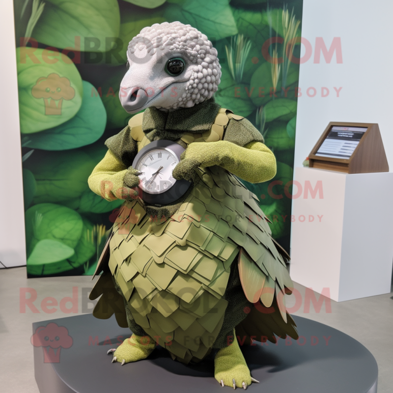 Olive Pangolin mascot costume character dressed with a Mini Dress and Digital watches Olive Pangolin mascot costume character dressed with a Mini Dress and Digital watches