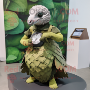 Olive Pangolin mascot costume character dressed with a Mini Dress and Digital watches