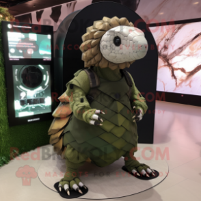 Olive Pangolin mascot costume character dressed with a Mini Dress and Digital watches