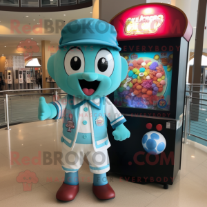 Cyan Gumball Machine mascot costume character dressed with a Baseball Tee and Brooches