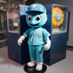 Cyan Gumball Machine mascot costume character dressed with a Baseball Tee and Brooches
