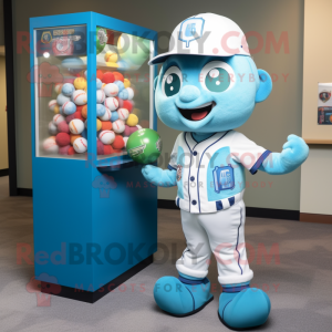 Cyan Gumball Machine mascot costume character dressed with a Baseball Tee and Brooches