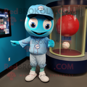 Cyan Gumball Machine mascot costume character dressed with a Baseball Tee and Brooches