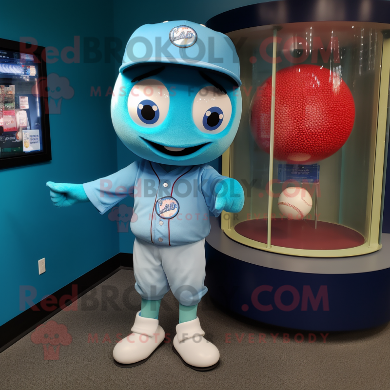 Cyan Gumball Machine mascot costume character dressed with a Baseball Tee and Brooches Cyan Gumball Machine mascot costume character dressed with a Baseball Tee and Brooches