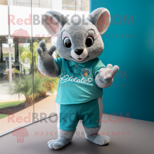 Teal Chinchilla mascot costume character dressed with a Polo Shirt and Gloves