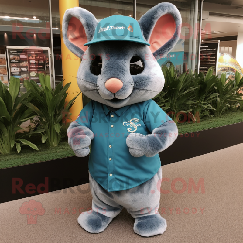 Teal Chinchilla mascot costume character dressed with a Polo Shirt and Gloves