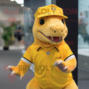 Yellow Ankylosaurus mascot costume character dressed with a Polo Shirt and Beanies