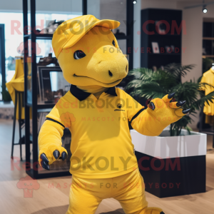 Yellow Ankylosaurus mascot costume character dressed with a Polo Shirt and Beanies