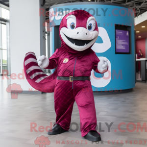Magenta Python-maskotdraktfigur klädd med en jumpsuit och myntväsker - Python Mascots - REBROKO_350280 - RedBrokoly.com