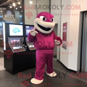 Magenta Python-maskotdraktfigur klädd med en jumpsuit och myntväsker - Python Mascots - REBROKO_350281 - RedBrokoly.com