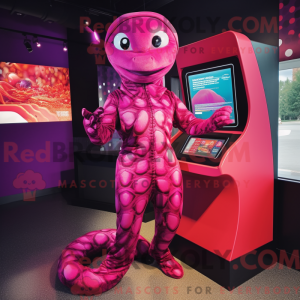 Magenta Python-maskotdraktfigur klädd med en jumpsuit och myntväsker - Python Mascots - REBROKO_350283 - RedBrokoly.com
