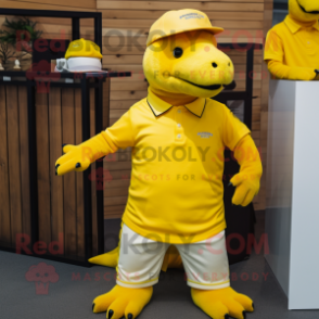 Yellow Ankylosaurus mascot costume character dressed with a Polo Shirt and Beanies