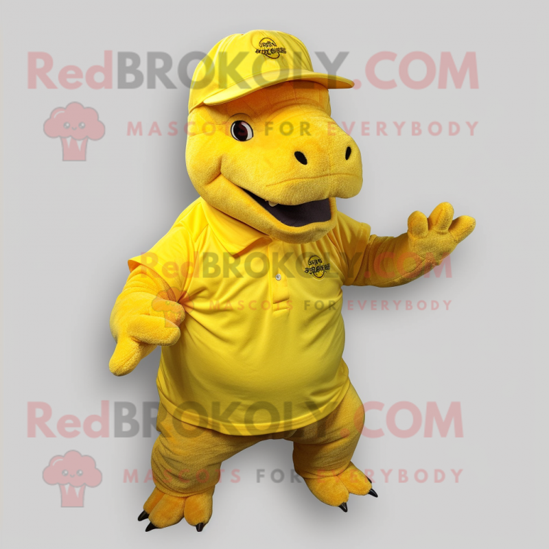 Yellow Ankylosaurus mascot costume character dressed with a Polo Shirt and Beanies Yellow Ankylosaurus mascot costume character dressed with a Polo Shirt and Beanies