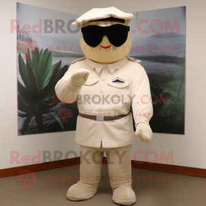 Cream Air Force Soldier mascot costume character dressed with a Coat and Sunglasses