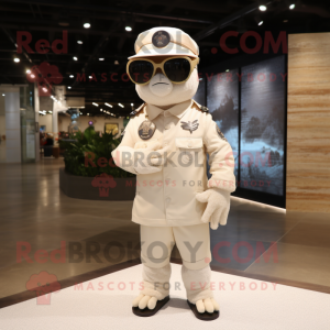 Cream Air Force Soldier mascot costume character dressed with a Coat and Sunglasses