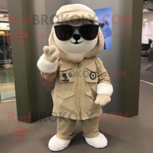 Cream Air Force Soldier mascot costume character dressed with a Coat and Sunglasses