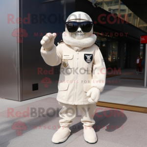 Cream Air Force Soldier mascot costume character dressed with a Coat and Sunglasses