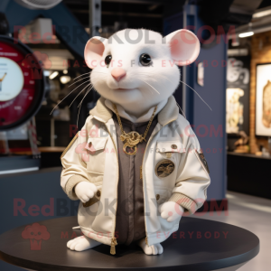 White Dormouse mascot costume character dressed with a Bomber Jacket and Necklaces