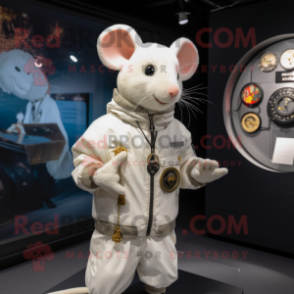 White Dormouse mascot costume character dressed with a Bomber Jacket and Necklaces