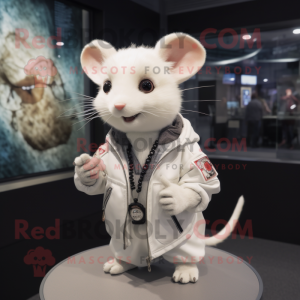 White Dormouse mascot costume character dressed with a Bomber Jacket and Necklaces
