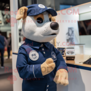 Navy Dog mascot costume character dressed with a Button-Up Shirt and Smartwatches