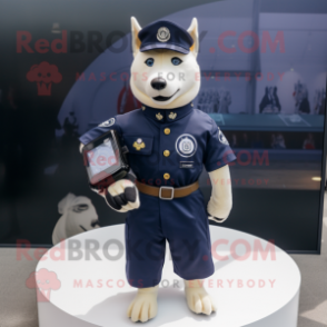 Navy Dog mascot costume character dressed with a Button-Up Shirt and Smartwatches