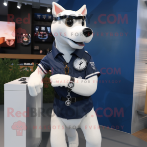 Navy Dog mascot costume character dressed with a Button-Up Shirt and Smartwatches