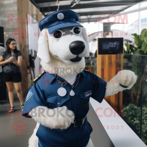 Navy Dog mascot costume character dressed with a Button-Up Shirt and Smartwatches