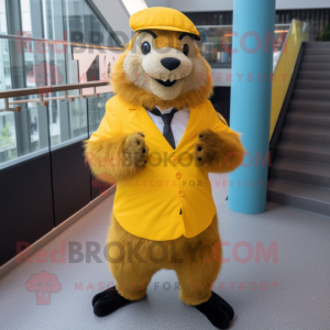 Yellow Marmot mascot costume character dressed with a Pencil Skirt and Cufflinks