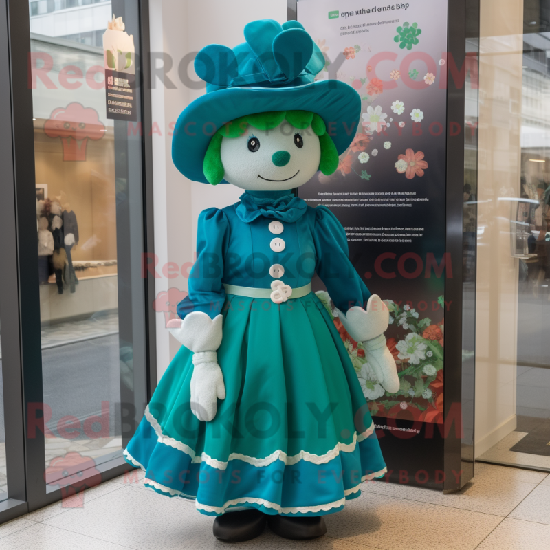 Teal Four Leaf Clover mascot costume character dressed with a Dress and Berets Teal Four Leaf Clover mascot costume character dressed with a Dress and Berets
