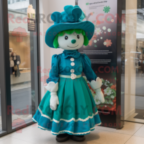 Teal Four Leaf Clover mascot costume character dressed with a Dress and Berets