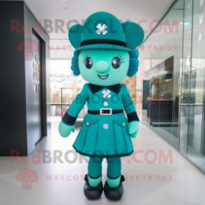 Teal Four Leaf Clover mascot costume character dressed with a Dress and Berets