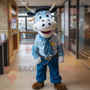 Blue Hereford Cow mascot costume character dressed with a Oxford Shirt and Tie pins