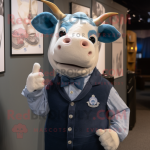 Blue Hereford Cow mascot costume character dressed with a Oxford Shirt and Tie pins