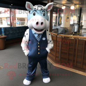 Blue Hereford Cow mascot costume character dressed with a Oxford Shirt and Tie pins