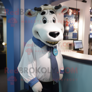 Blue Hereford Cow mascot costume character dressed with a Oxford Shirt and Tie pins