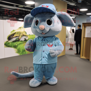 Sky Blue Chinchilla mascot costume character dressed with a Trousers and Caps