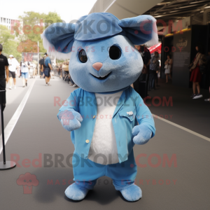 Sky Blue Chinchilla mascot costume character dressed with a Trousers and Caps