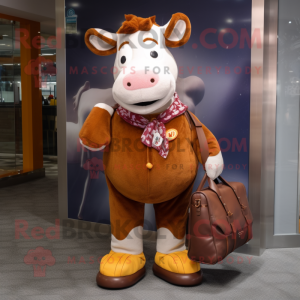Rust Hereford Cow mascot costume character dressed with a Jeggings and Tote bags