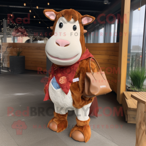 Rust Hereford Cow mascot costume character dressed with a Jeggings and Tote bags