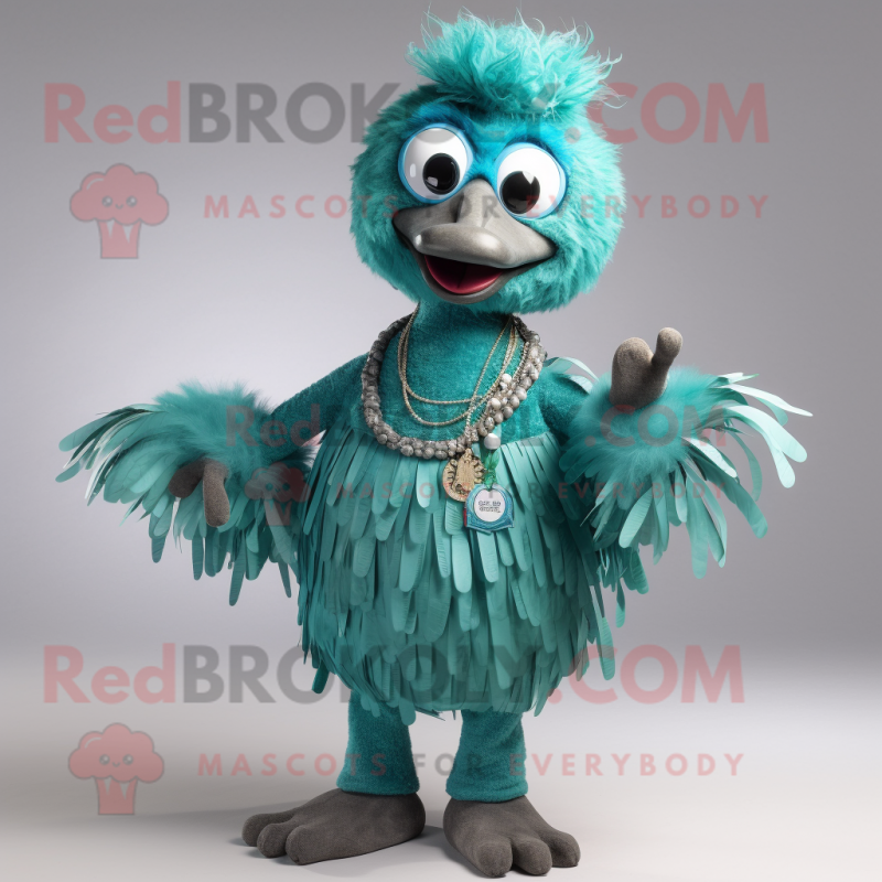 Teal Emu mascot costume character dressed with a Swimwear and Necklaces