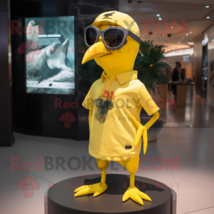 Lemon Yellow Woodpecker mascot costume character dressed with a T-Shirt and Sunglasses