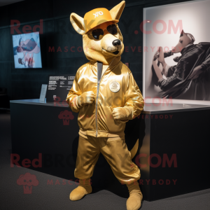 Gold Dingo mascot costume character dressed with a Jacket and Caps