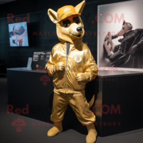 Gold Dingo mascot costume character dressed with a Jacket and Caps