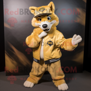 Gold Dingo mascot costume character dressed with a Jacket and Caps