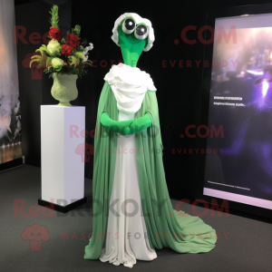 Green Stilt Walker mascot costume character dressed with a Wedding Dress and Scarf clips