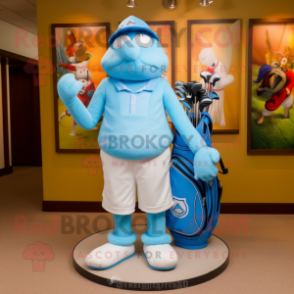 Sky Blue Golf Bag mascot costume character dressed with a Bermuda Shorts and Anklets