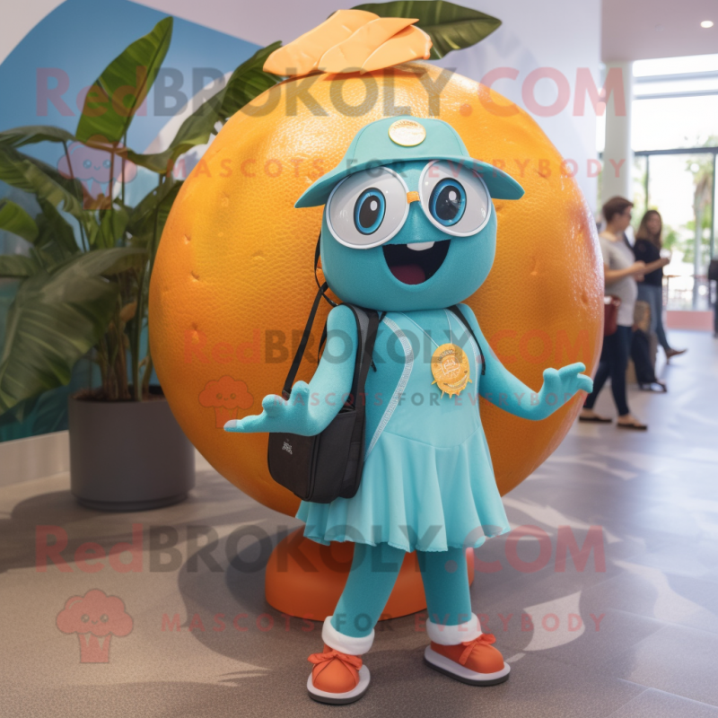 Teal Grapefruit mascot costume character dressed with a Maxi Skirt and Backpacks