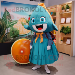 Teal Grapefruit mascot costume character dressed with a Maxi Skirt and Backpacks
