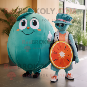 Teal Grapefruit mascot costume character dressed with a Maxi Skirt and Backpacks